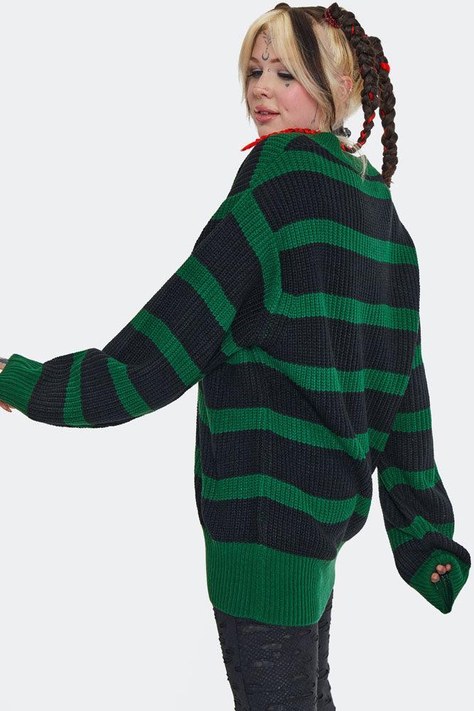 Green Striped Oversized Cardigan