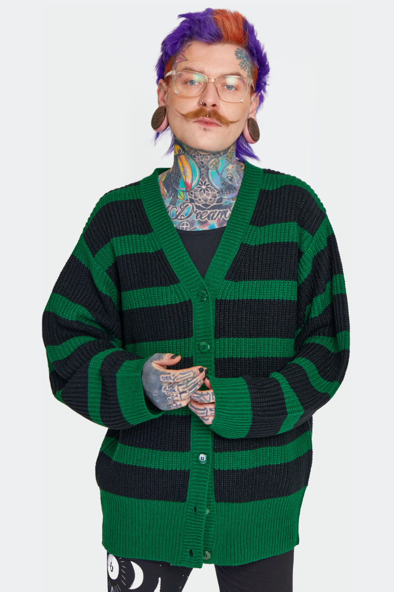 Green Striped Oversized Cardigan