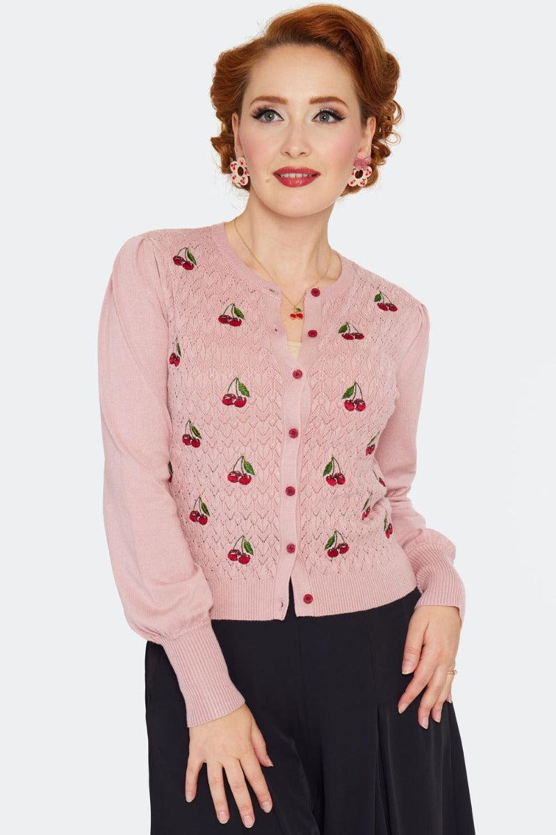 Cherry Embroidery Bell Sleeve Cardigan Pink