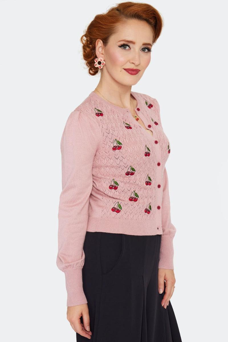 Cherry Embroidery Bell Sleeve Cardigan Pink