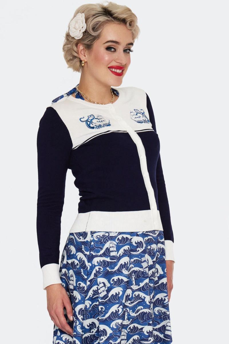 Blue Nautical Wave Embroidery Cardigan