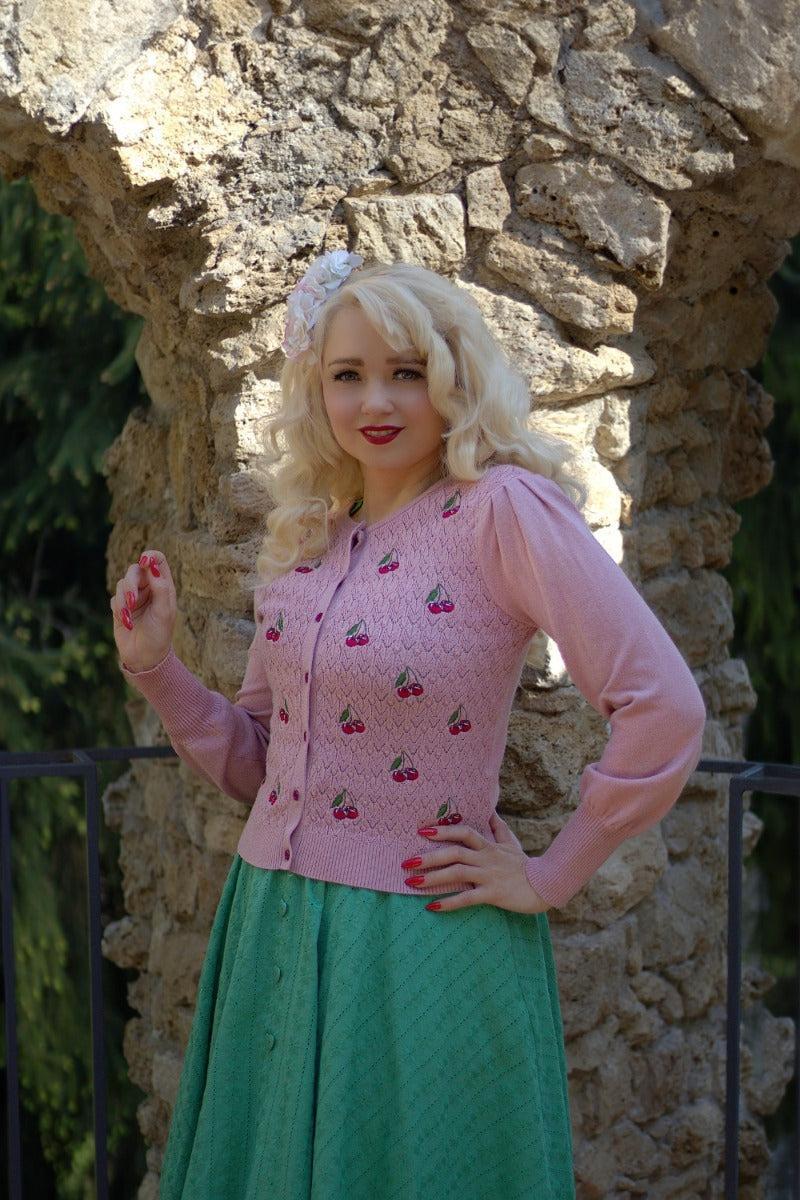 Cherry Embroidery Bell Sleeve Cardigan Pink