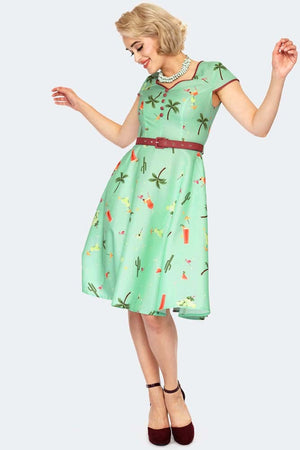 Cocktail Print Front Button Flare Dress