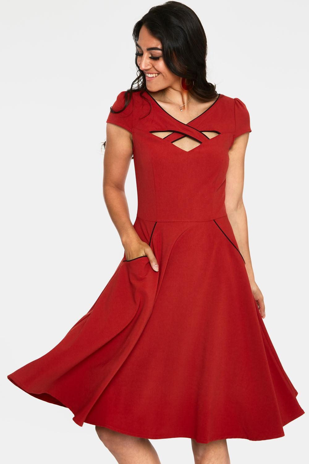 Connie 1950s Contrast Piping Criss Cross Neckline Swing Dress
