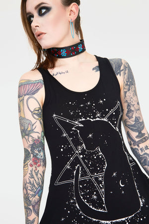 Cosmic Cat Longline Sleeveless Top With Back Mesh