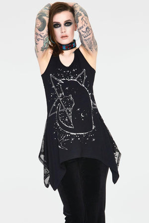 Cosmic Cat Longline Sleeveless Top With Back Mesh