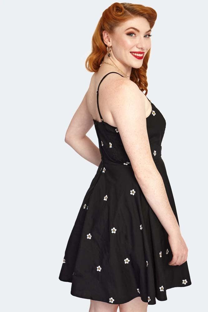 Daisy Embroidery Strappy Flare Dress by Voodoo Vixen - Dark Fashion Clothing Daisy Embroidery Strappy Flare Dress by Voodoo Vixen - Dark Fashion Clothing