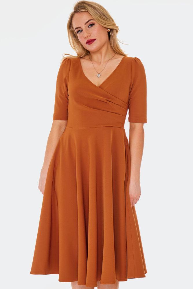 Orange Half Sleeves Flare Dress