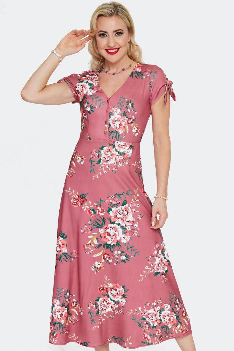 Floral Tie Sleeve Midi Dress Pink