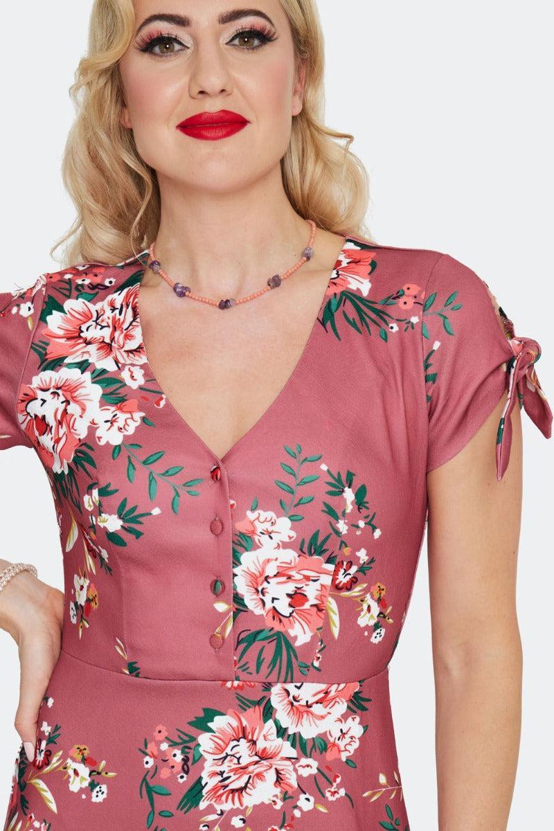 Floral Tie Sleeve Midi Dress Pink