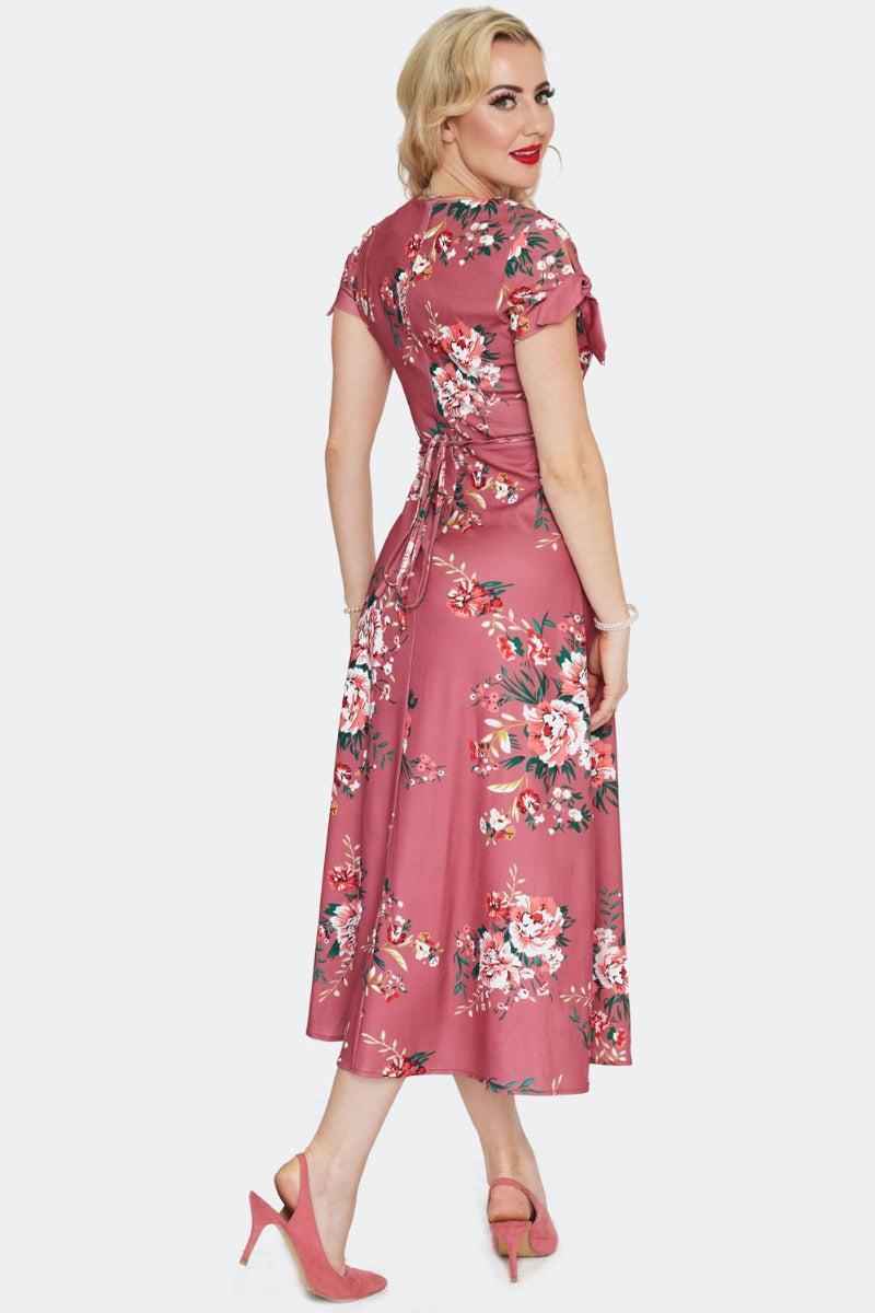 Floral Tie Sleeve Midi Dress Pink