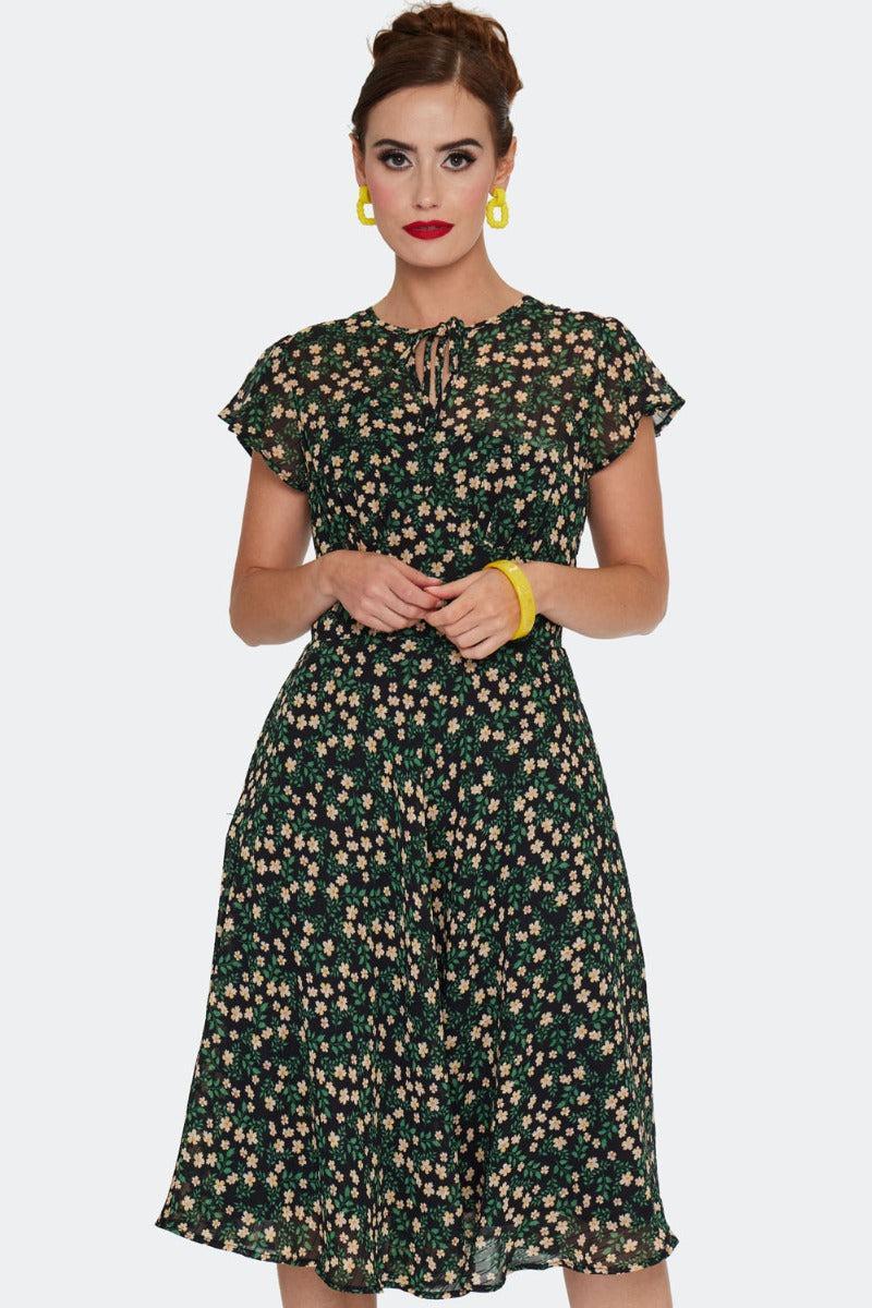 Floral Flutter Sleeve Flare Dress by Voodoo Vixen - Dark Fashion Clothing Floral Flutter Sleeve Flare Dress by Voodoo Vixen - Dark Fashion Clothing
