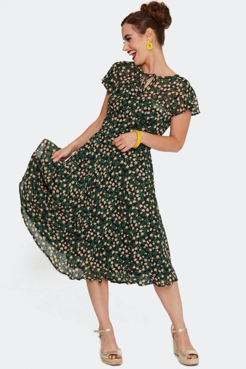 Floral Flutter Sleeve Flare Dress by Voodoo Vixen - Dark Fashion Clothing Floral Flutter Sleeve Flare Dress by Voodoo Vixen - Dark Fashion Clothing