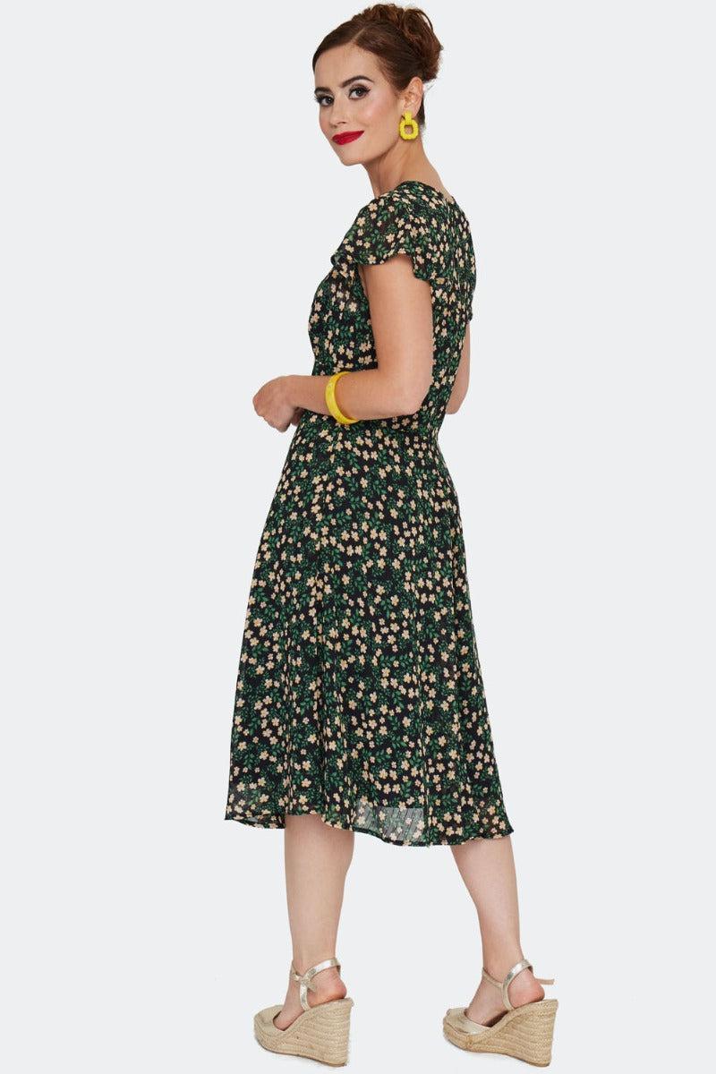 Floral Flutter Sleeve Flare Dress by Voodoo Vixen - Dark Fashion Clothing Floral Flutter Sleeve Flare Dress by Voodoo Vixen - Dark Fashion Clothing
