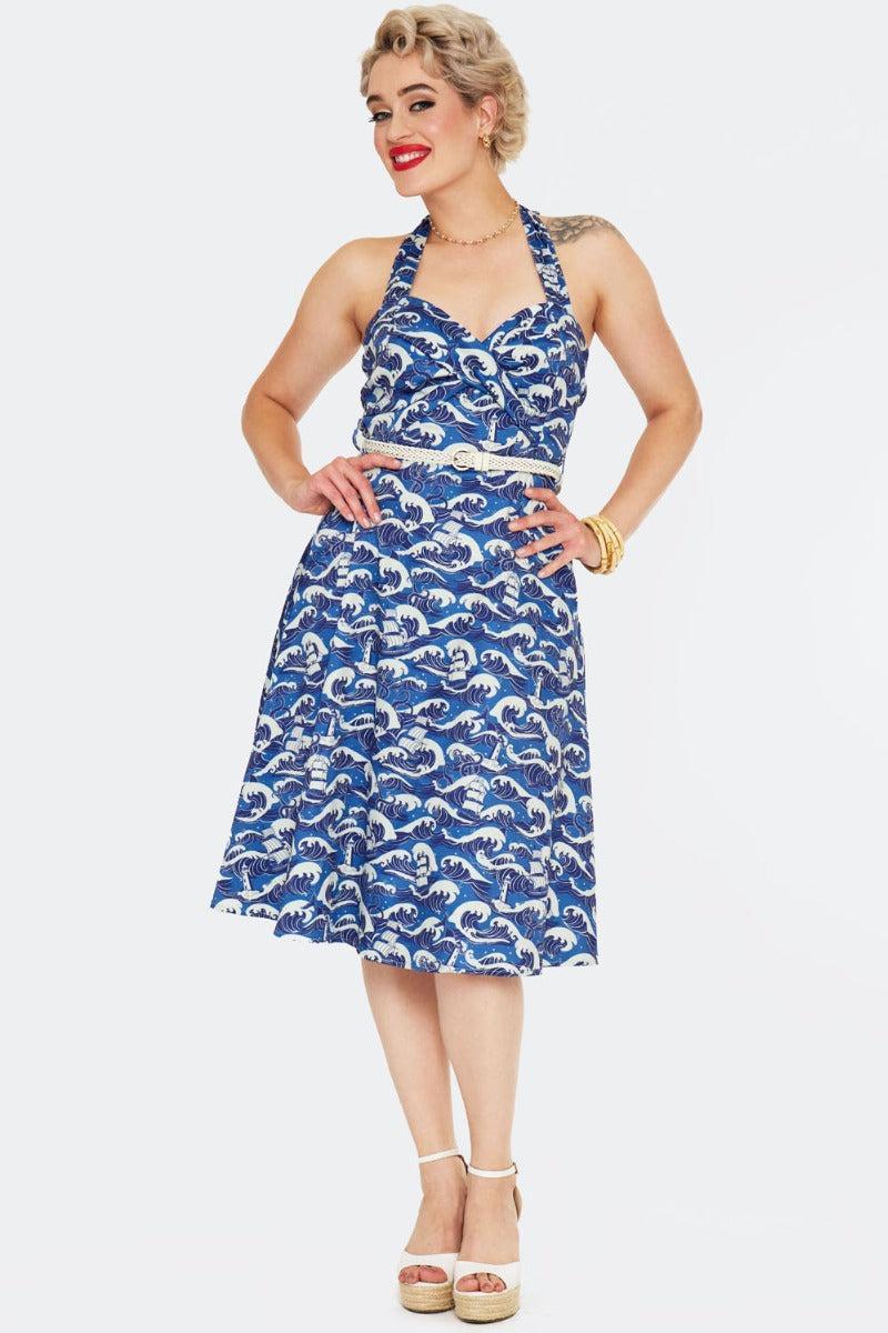Blue Nautical Wave Print Halter Dress