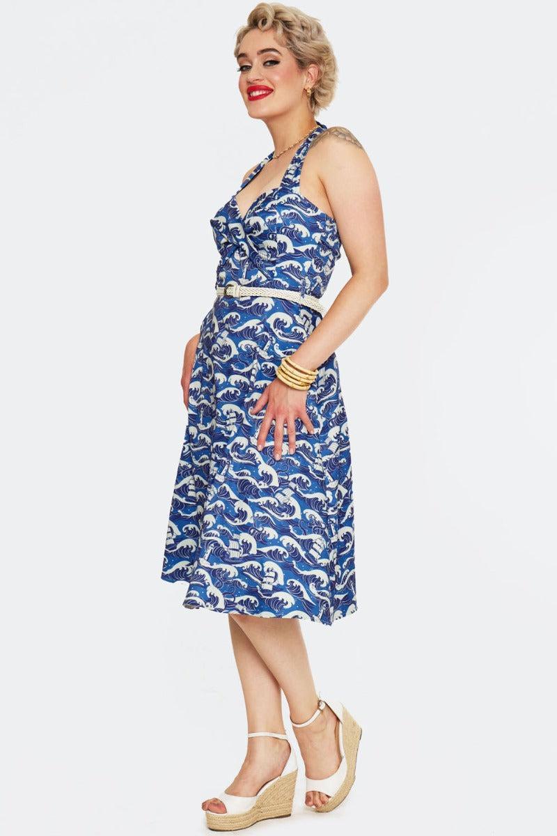 Blue Nautical Wave Print Halter Dress
