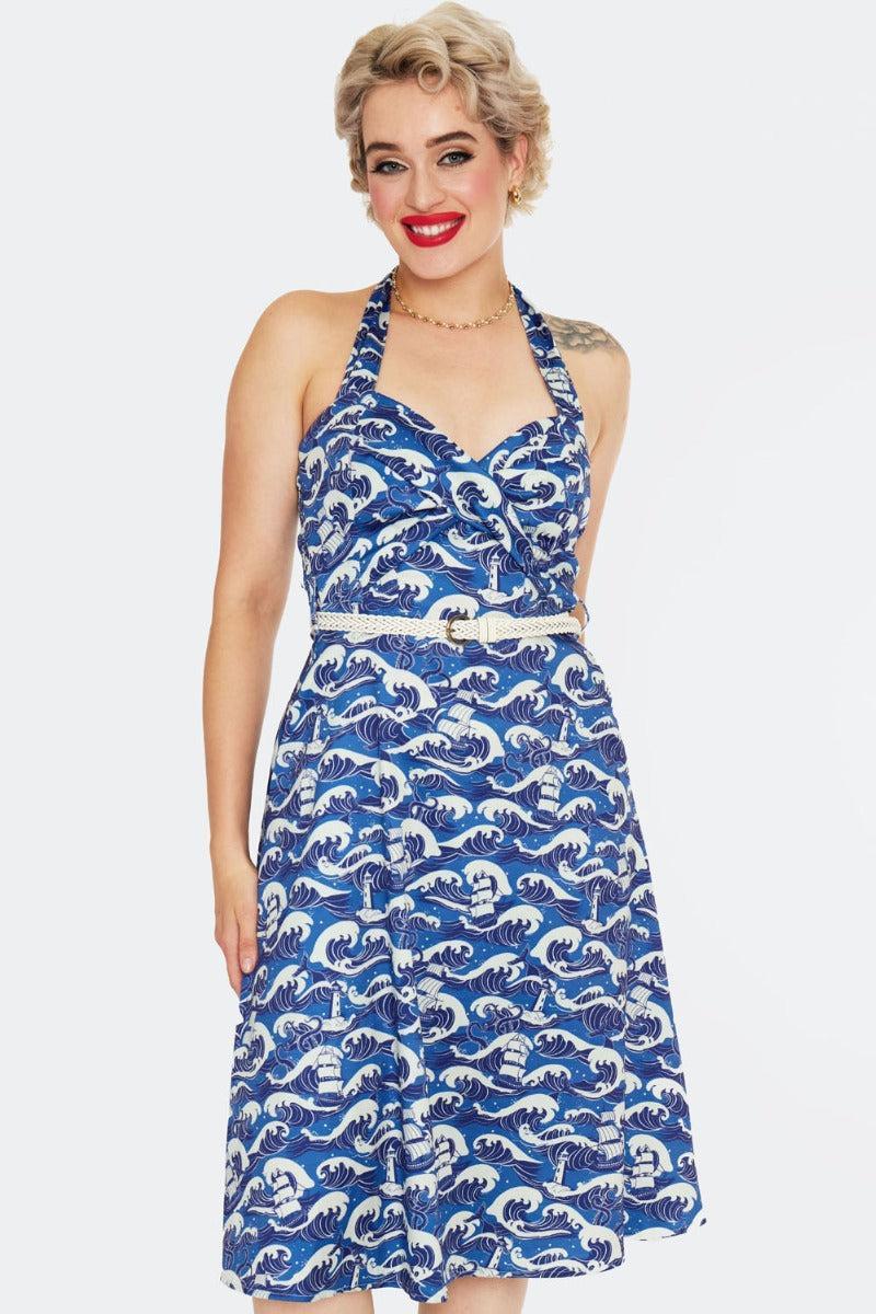 Blue Nautical Wave Print Halter Dress