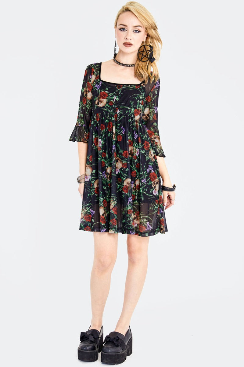 Skull In Roses Gothic Babydoll Dress