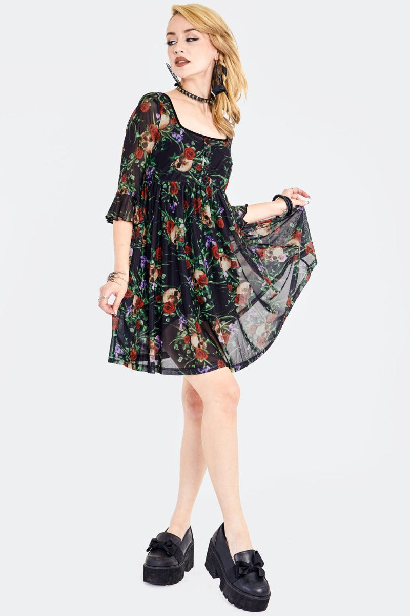 Skull In Roses Gothic Babydoll Dress