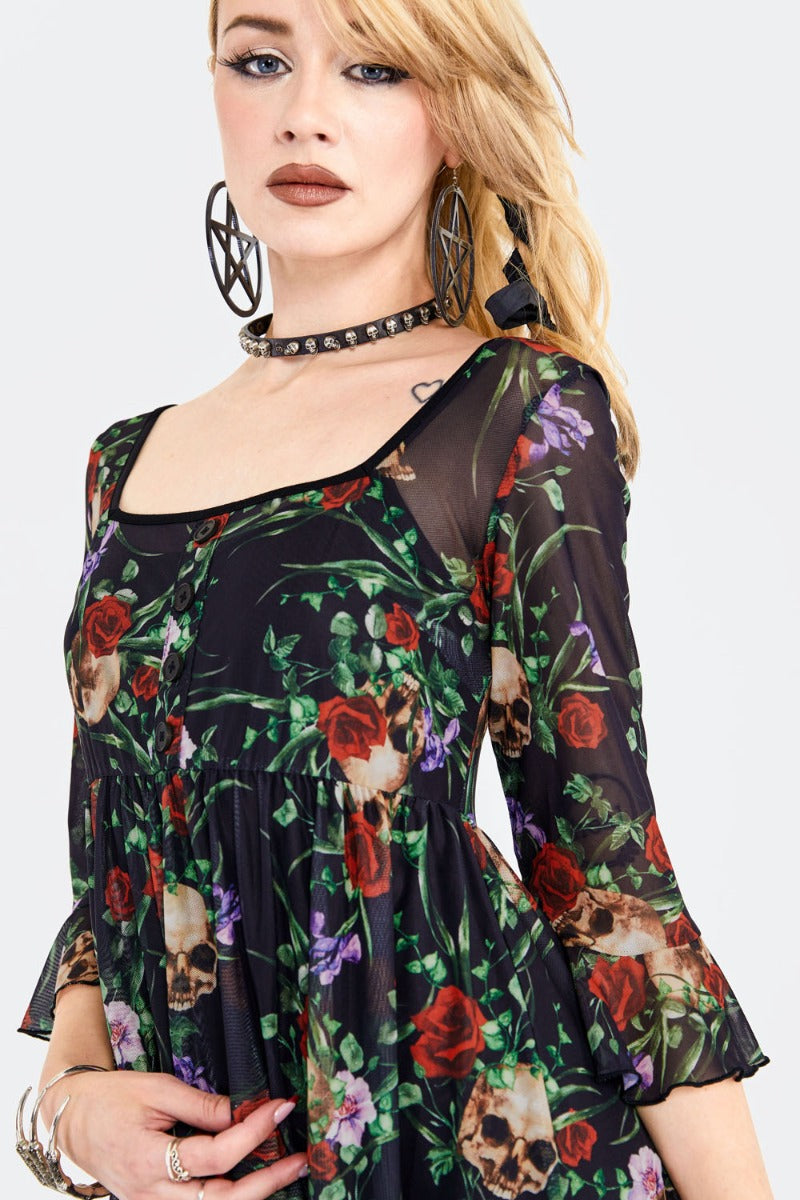 Skull In Roses Gothic Babydoll Dress