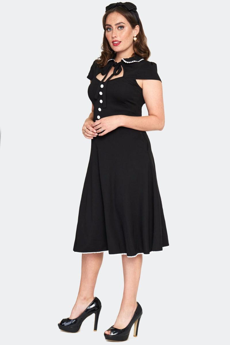 Black & White Tie Neck Trim Flare Dress
