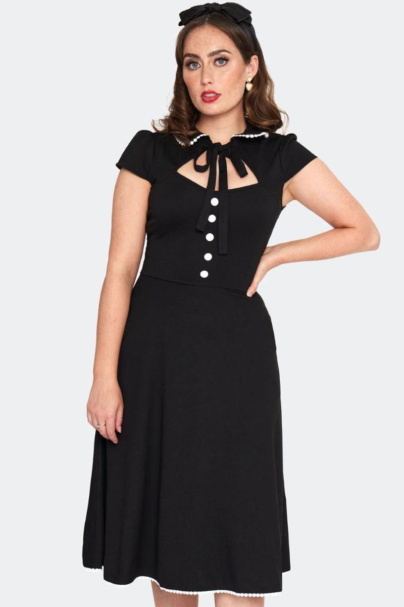 Black & White Tie Neck Trim Flare Dress
