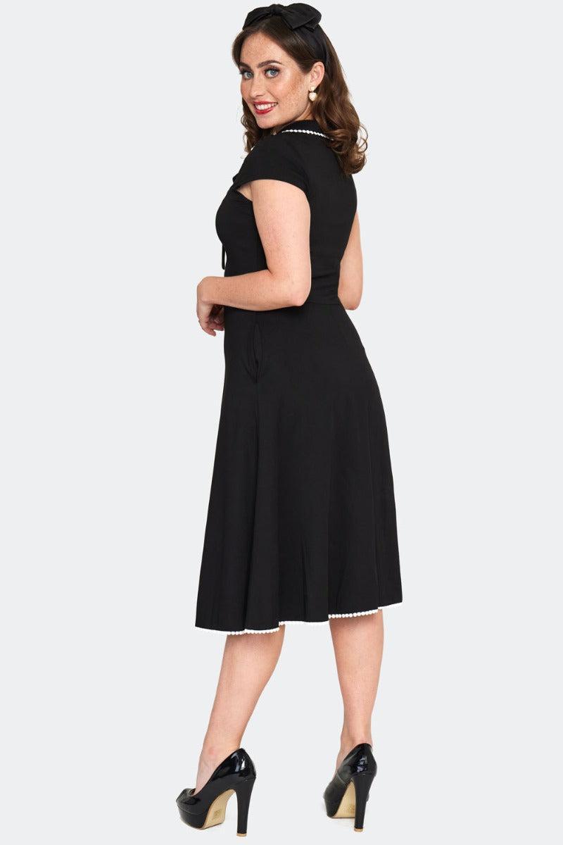 Black & White Tie Neck Trim Flare Dress