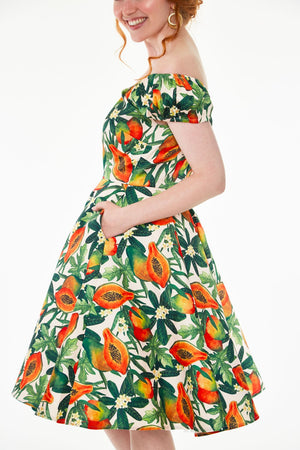 Cherie Tropical Fruit Print Flare Dress