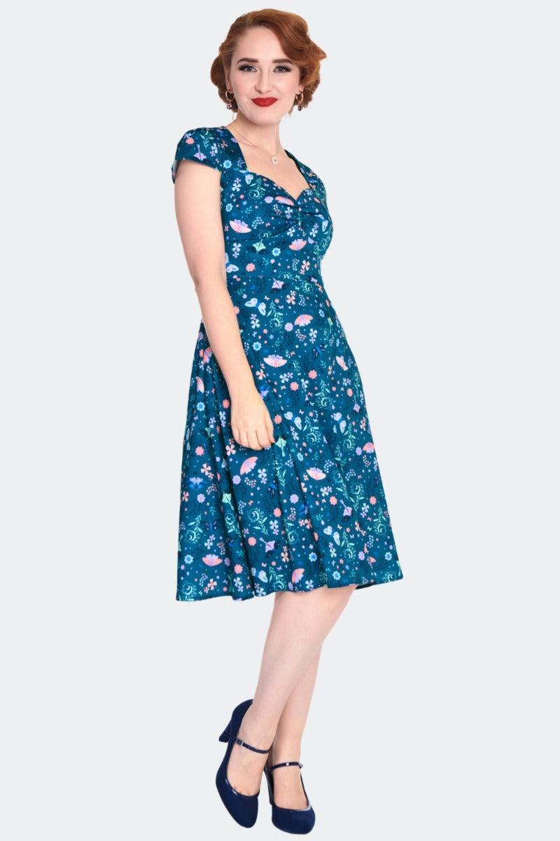 Moth And Flower Print Flare Dress