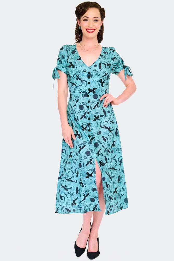 Crow And Moon Print Midi Dress