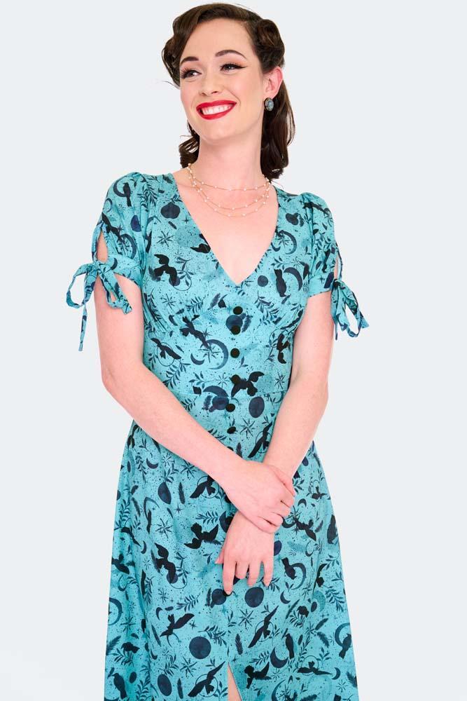 Crow And Moon Print Midi Dress