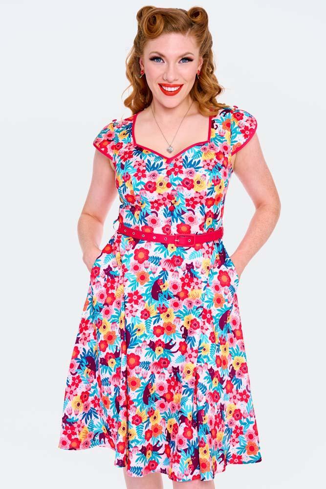 Floral Cats Print Flare Dress