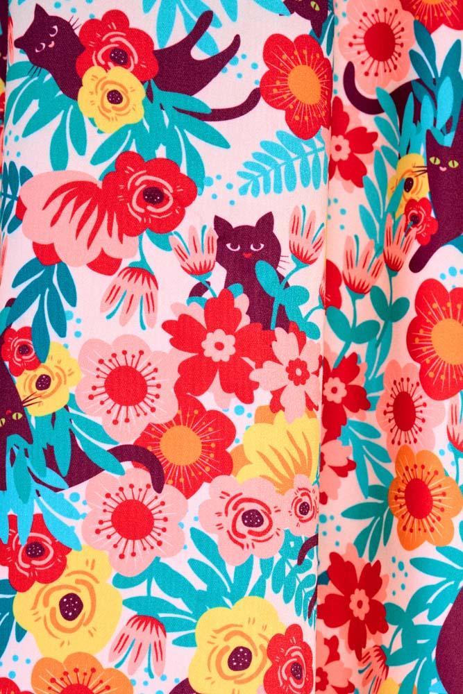 Floral Cats Print Flare Dress