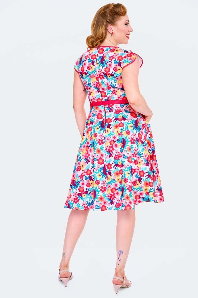 Floral Cats Print Flare Dress