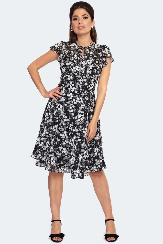 Floral Embroidery Chiffon Flutter Sleeve Flare Dress