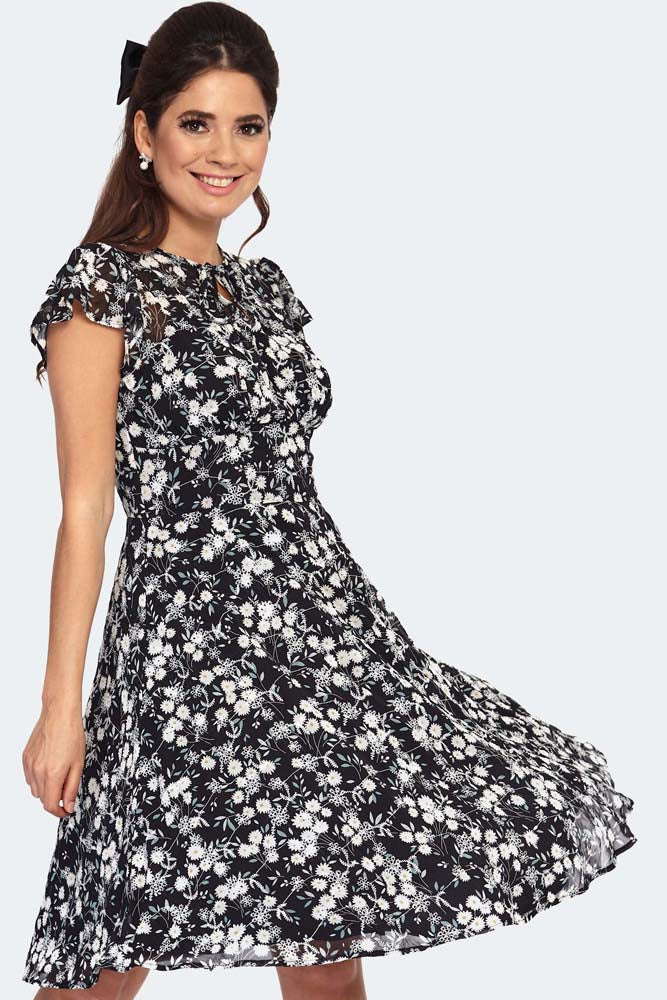 Floral Embroidery Chiffon Flutter Sleeve Flare Dress