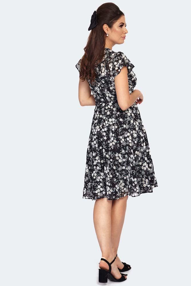 Floral Embroidery Chiffon Flutter Sleeve Flare Dress