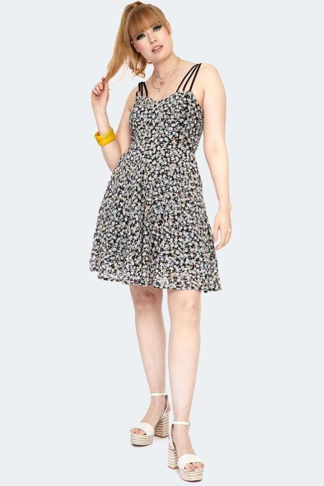 Floral Embroidery Strappy Chiffon Flare Dress