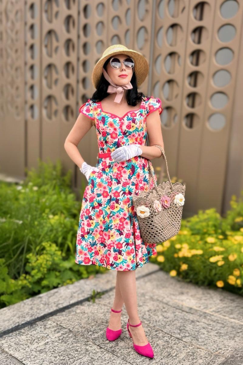 Floral Cats Print Flare Dress