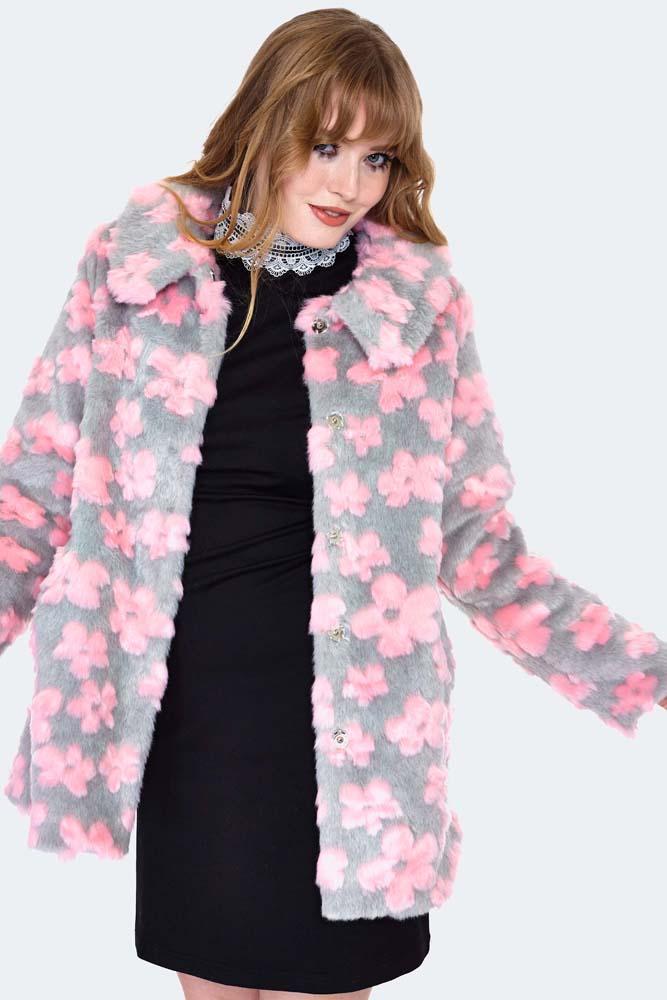 Flower Pattern Faux Fur Coat