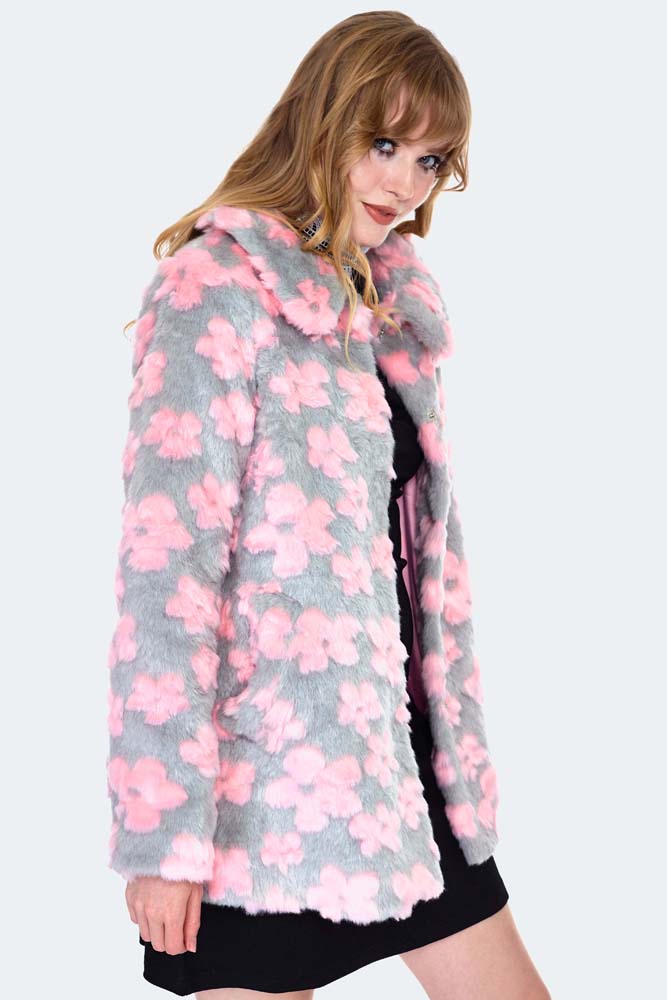 Flower Pattern Faux Fur Coat
