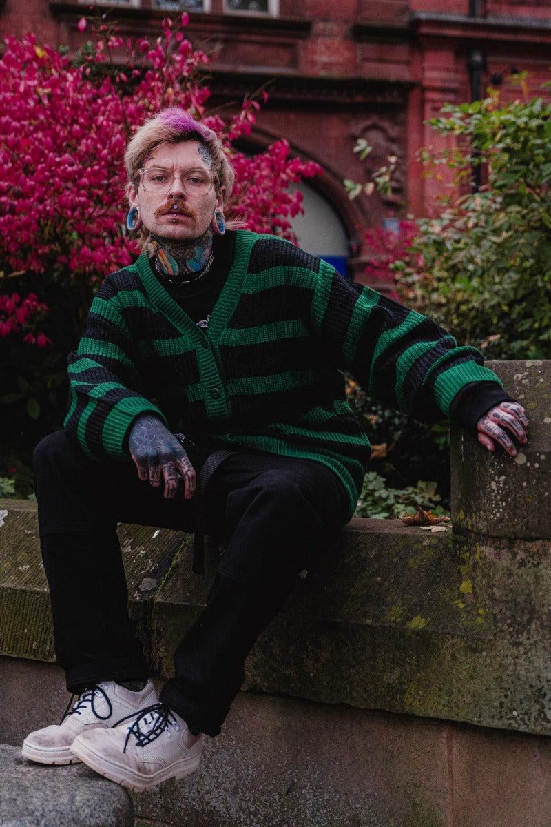 Green Striped Oversized Cardigan