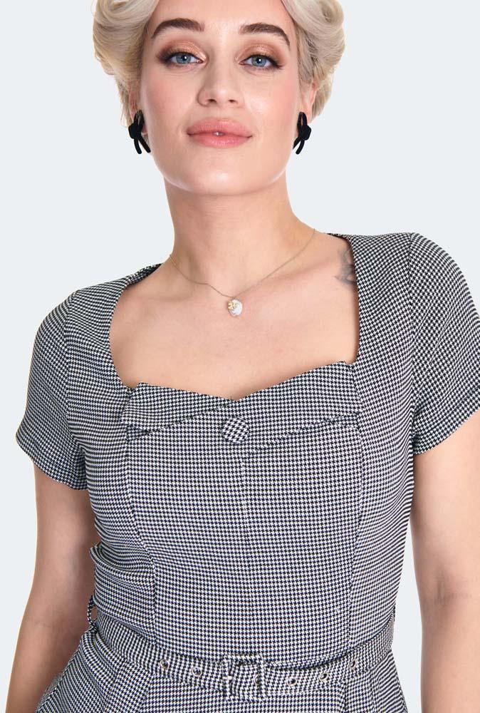 Houndstooth Short Sleeve Flare Dress