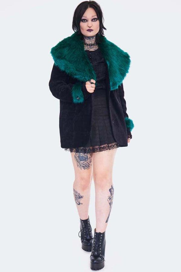 Women's Gothic Faux Fur Splice Lace-up Detachable Coat Black