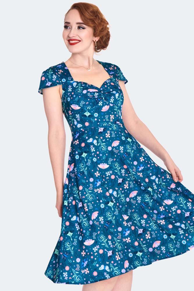 Moth And Flower Print Flare Dress