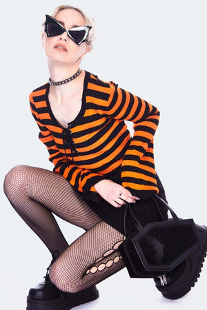 Orange Stripe Knitted Top With Front Tie