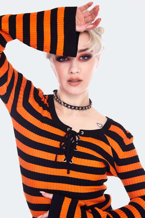 Orange Stripe Knitted Top With Front Tie