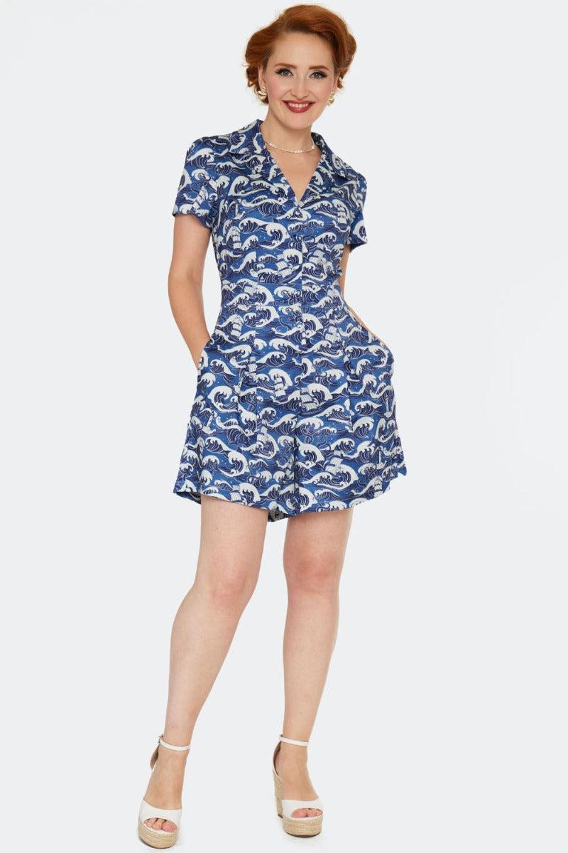 Blue Nautical Wave Print Playsuit