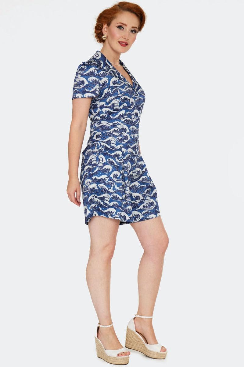 Blue Nautical Wave Print Playsuit