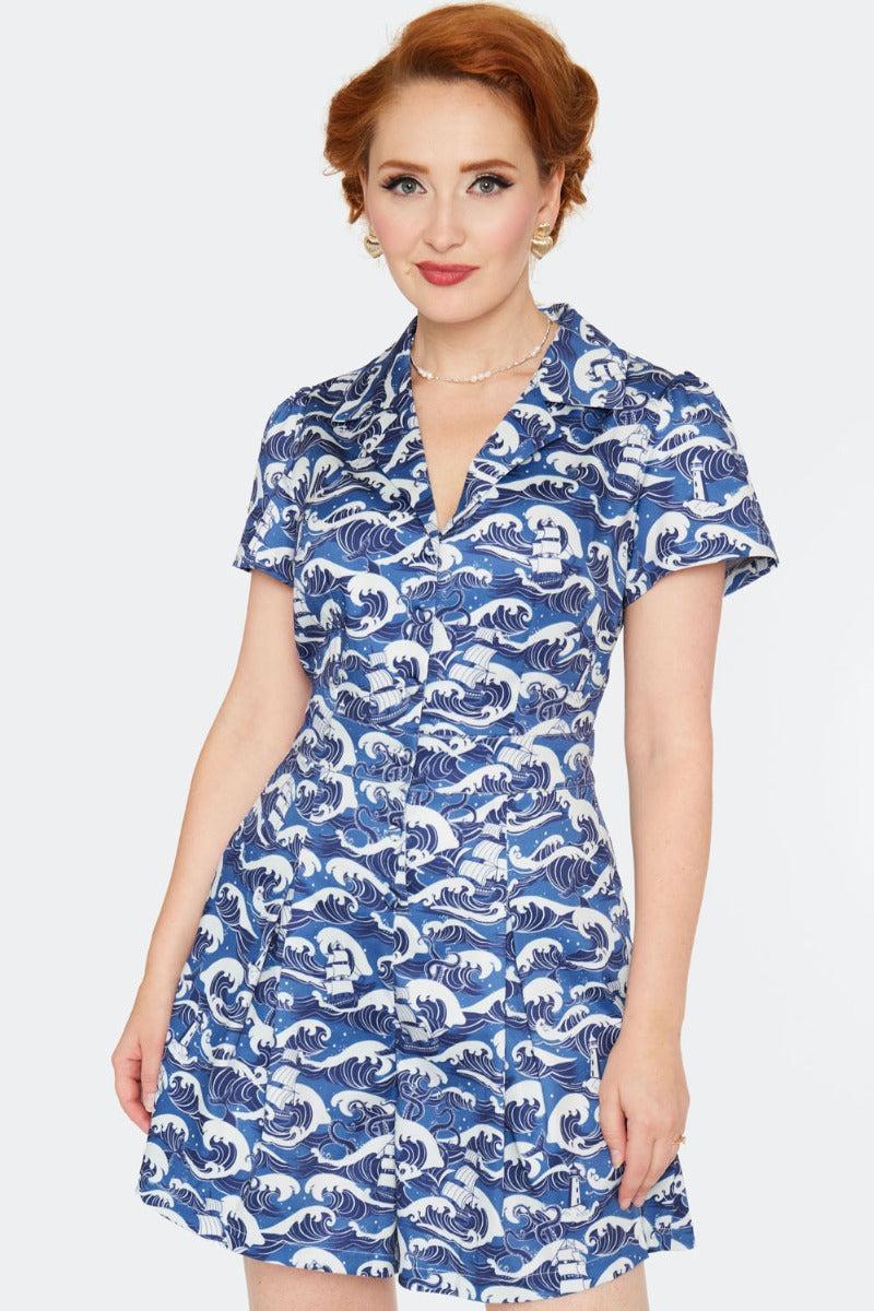 Blue Nautical Wave Print Playsuit